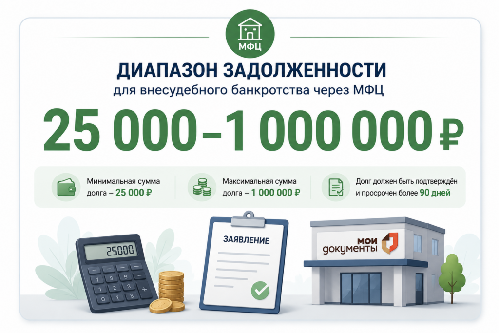 Инфографика с диапазоном задолженности 25 000–1 000 000 рублей для внесудебного банкротства через МФЦ в 2026 году