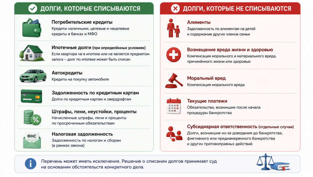 Инфографика: какие долги списываются при банкротстве физического лица, а какие не подлежат списанию
