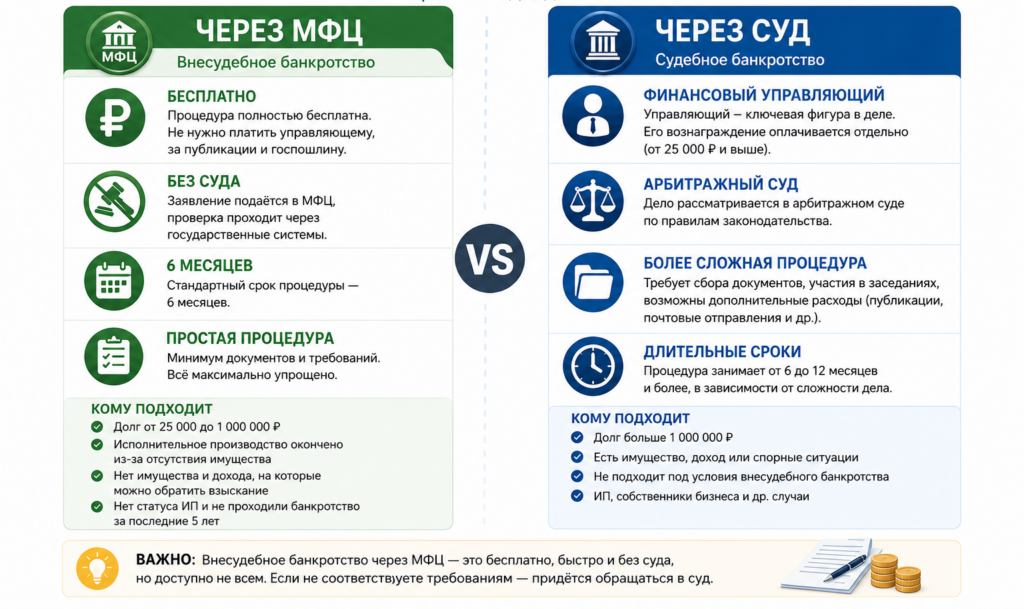 Инфографика со сравнением внесудебного банкротства через МФЦ и судебного банкротства: стоимость, сроки и особенности процедур