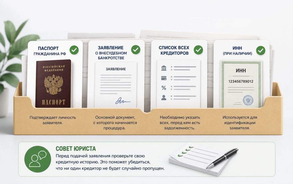 Инфографика с документами для внесудебного банкротства через МФЦ: паспорт, заявление, список кредиторов и ИНН