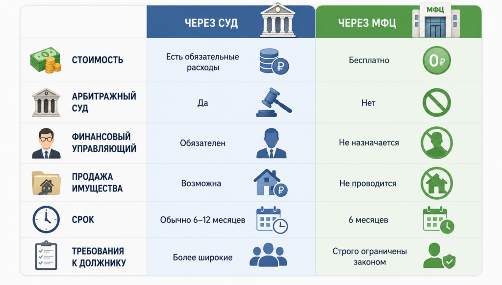 Инфографика с таблицей сравнения судебного и внесудебного банкротства через МФЦ по стоимости, срокам, документам, порядку проведения и требованиям к должнику