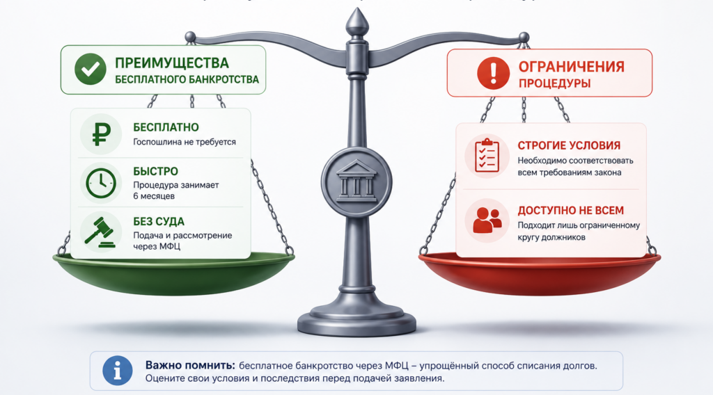 Инфографика с весами правосудия: преимущества и ограничения бесплатного внесудебного банкротства через МФЦ