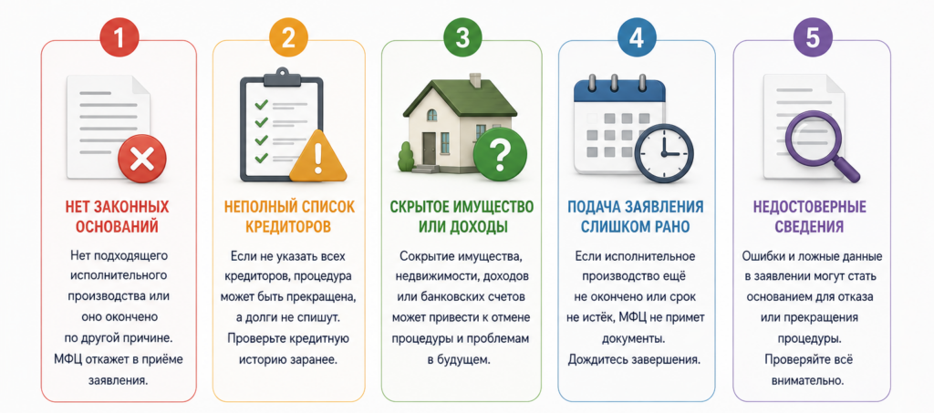 Инфографика о пяти распространённых ошибках при обращении в МФЦ для внесудебного банкротства с пиктограммами и краткими пояснениями