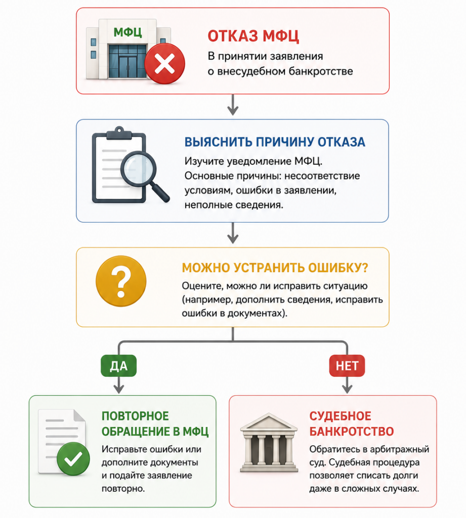 Блок-схема действий после отказа МФЦ во внесудебном банкротстве: выяснение причины, исправление ошибки, повторная подача заявления или обращение в суд