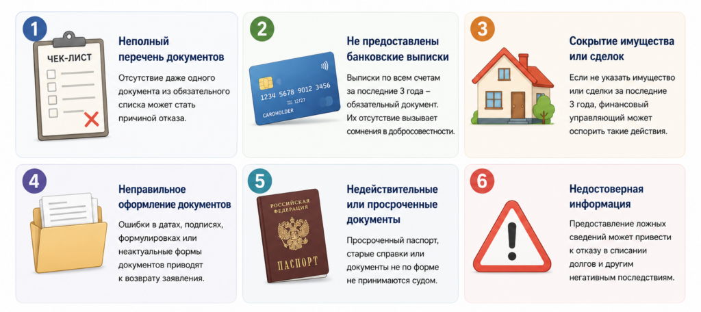 Инфографика «6 ошибок при подготовке документов для банкротства» с иконками незаполненного чек-листа, банковской карты, дома, папки с документами, паспорта и предупреждающего знака