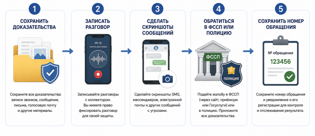 Инфографика «Что делать при угрозах коллектора»: сохранить доказательства, записать разговор, сделать скриншоты сообщений, обратиться в ФССП или полицию и сохранить номер обращения