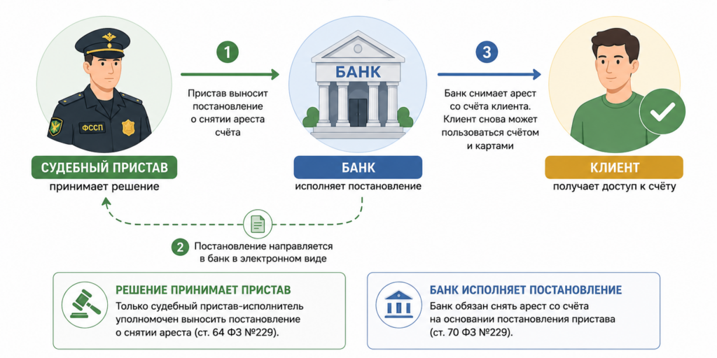 Схема взаимодействия судебного пристава, банка и клиента после банкротства: судебный пристав принимает решение о снятии ареста, направляет постановление в банк, а банк исполняет его и разблокирует счёт клиента