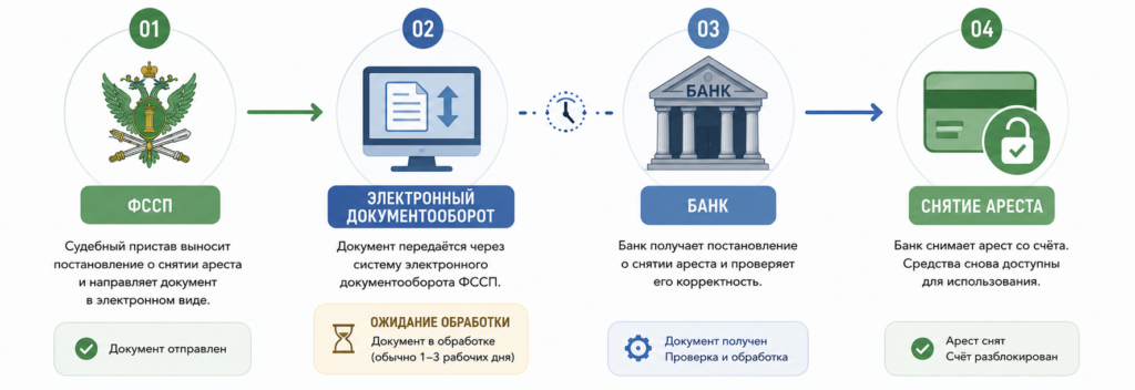 Схема снятия ареста после банкротства: ФССП передаёт постановление через систему электронного документооборота в банк, после обработки документов банк снимает арест со счёта. На одном из этапов отображается статус «Ожидание обработки»