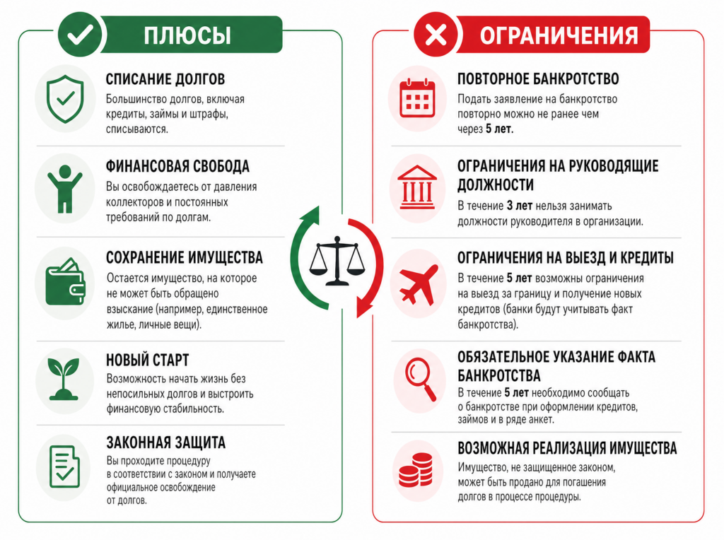 Инфографика о плюсах и ограничениях после банкротства физического лица
