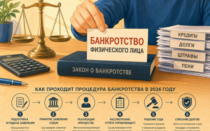 Инфографика с этапами процедуры банкротства физического лица в 2026 году: подача заявления, рассмотрение судом, работа финансового управляющего и списание долгов