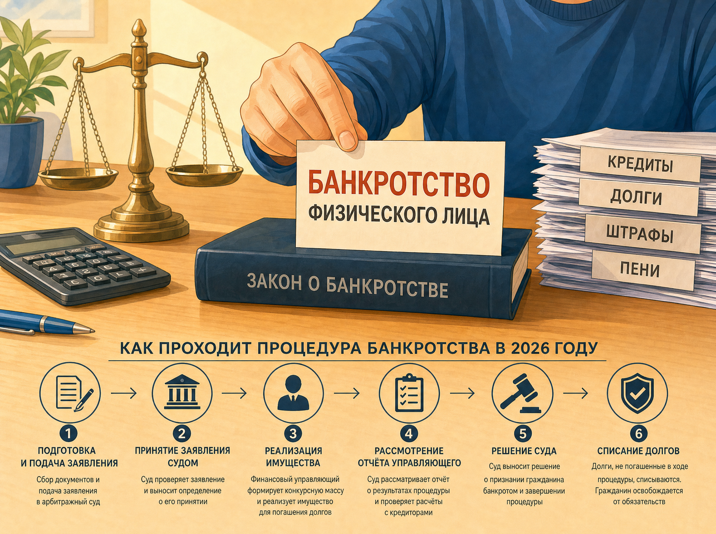 Инфографика с этапами процедуры банкротства физического лица в 2026 году: подача заявления, рассмотрение судом, работа финансового управляющего и списание долгов