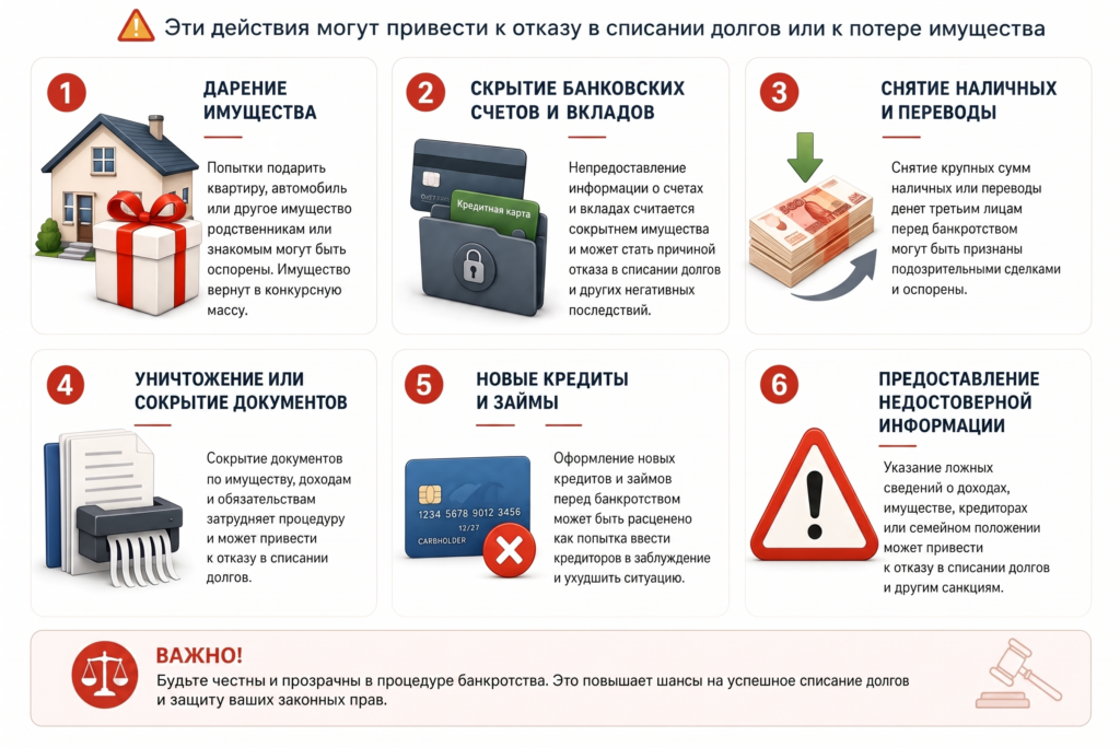 6 ошибок перед банкротством физического лица: дарение квартиры, скрытый банковский счёт, вывод денег, проблемы с документами, использование кредитной карты и другие рискованные действия