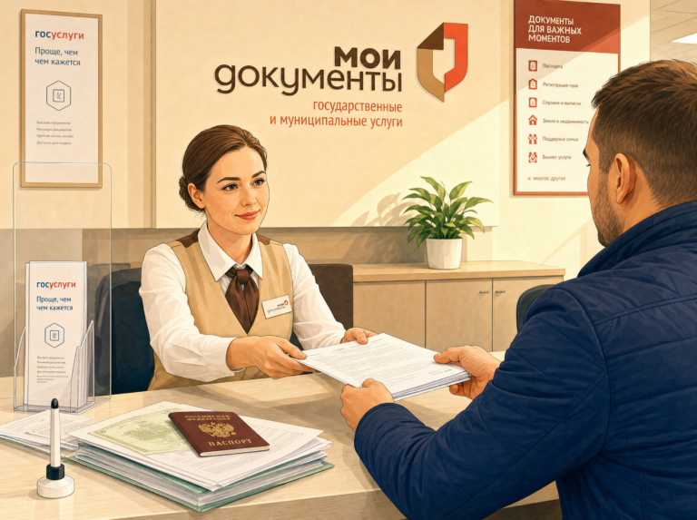 Подача заявления на внесудебное банкротство через МФЦ «Мои документы»: посетитель передаёт документы сотруднику центра