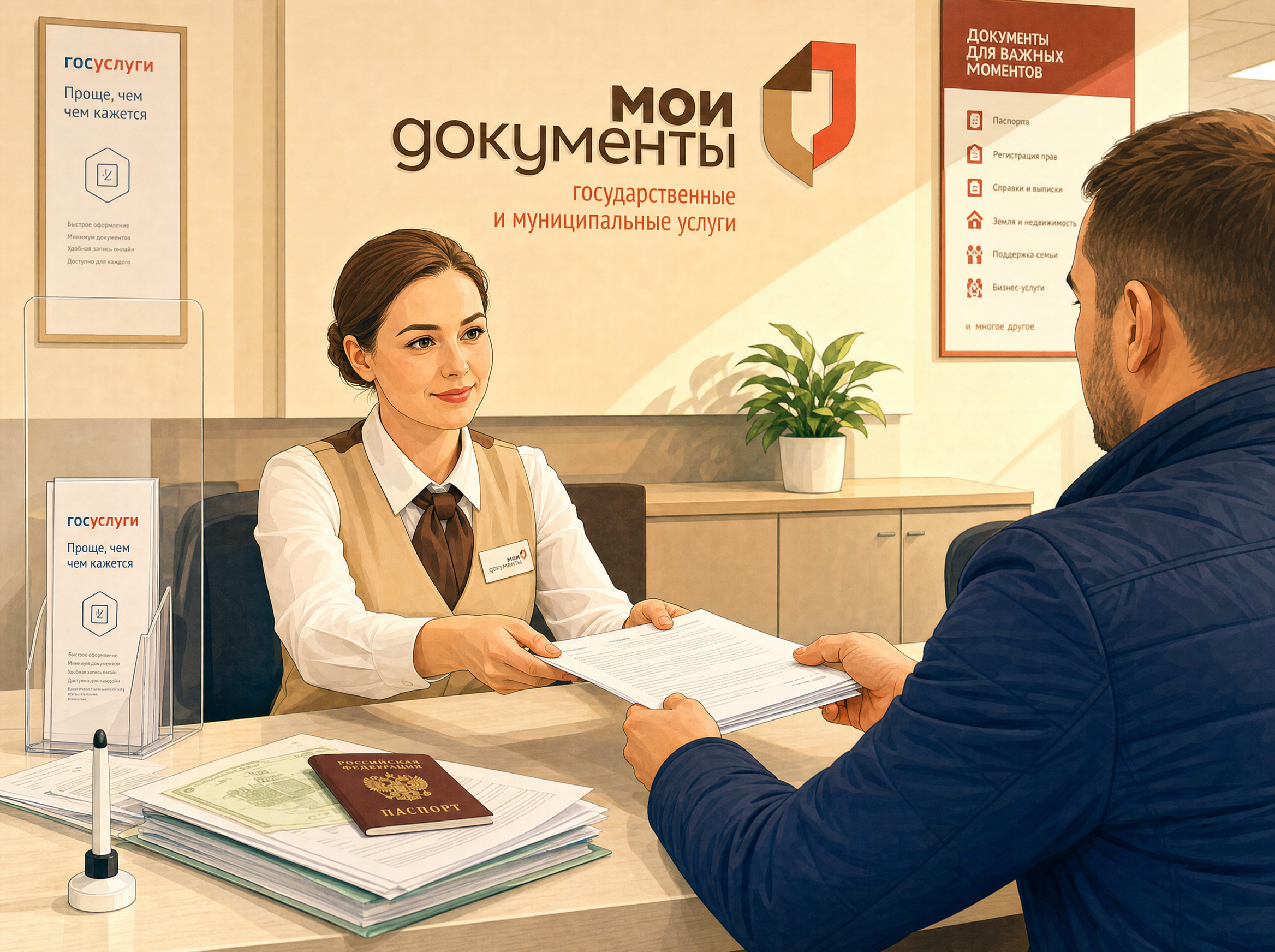 Подача заявления на внесудебное банкротство через МФЦ «Мои документы»: посетитель передаёт документы сотруднику центра
