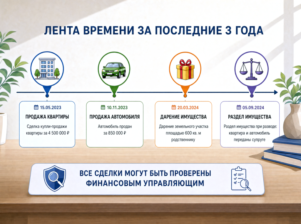 Инфографика с лентой времени за последние три года: продажа квартиры, продажа автомобиля, дарение имущества и раздел имущества с предупреждением, что сделки могут быть проверены финансовым управляющим