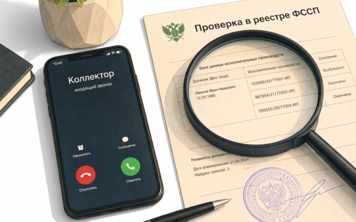 Смартфон с входящим звонком от коллектора и увеличительное стекло над документом с подписью «Проверка в реестре ФССП»