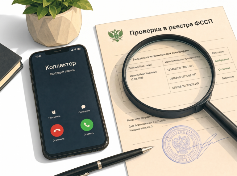 Смартфон с входящим звонком от коллектора и увеличительное стекло над документом с подписью «Проверка в реестре ФССП»