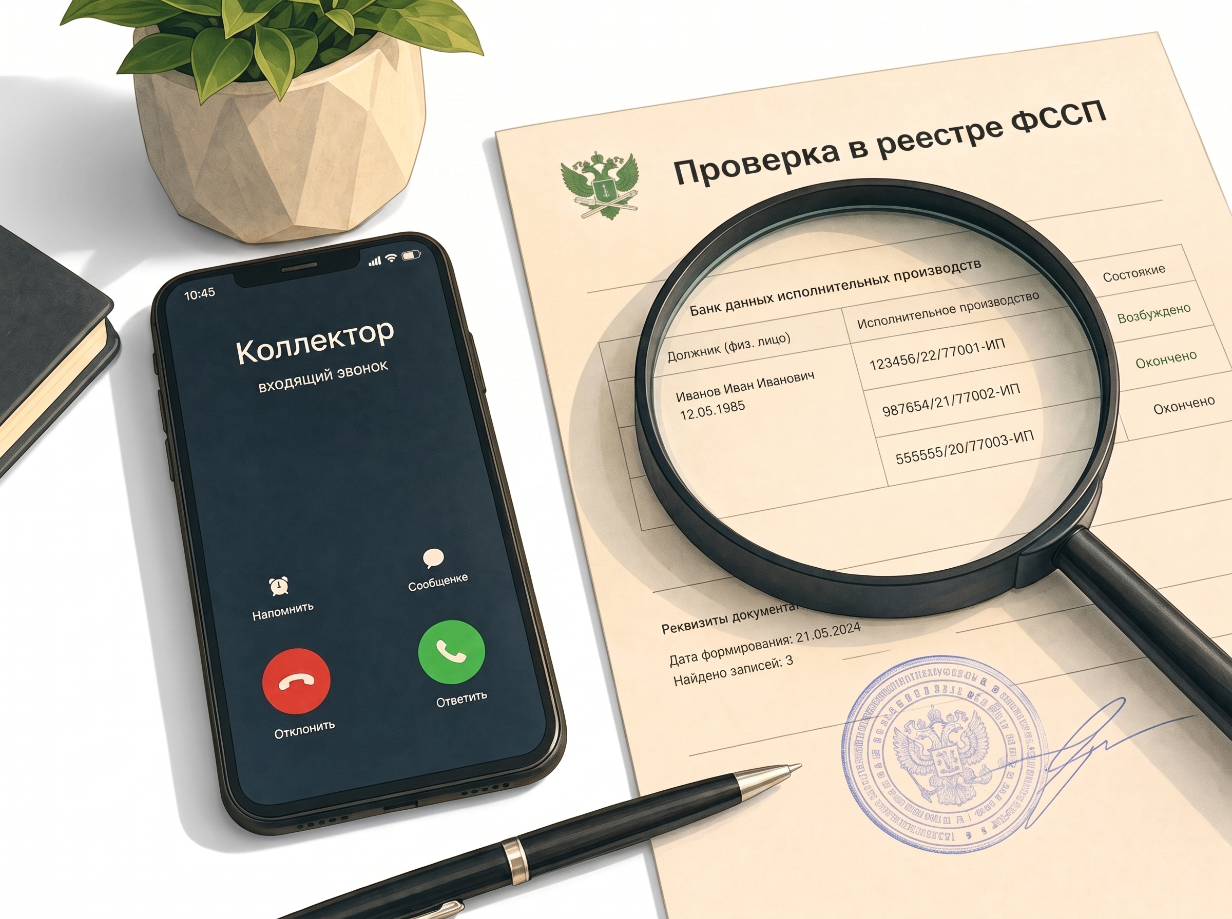 Смартфон с входящим звонком от коллектора и увеличительное стекло над документом с подписью «Проверка в реестре ФССП»