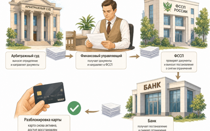 Схема обмена документами после банкротства: арбитражный суд, финансовый управляющий, ФССП и банк передают сведения для разблокировки банковской карты должника
