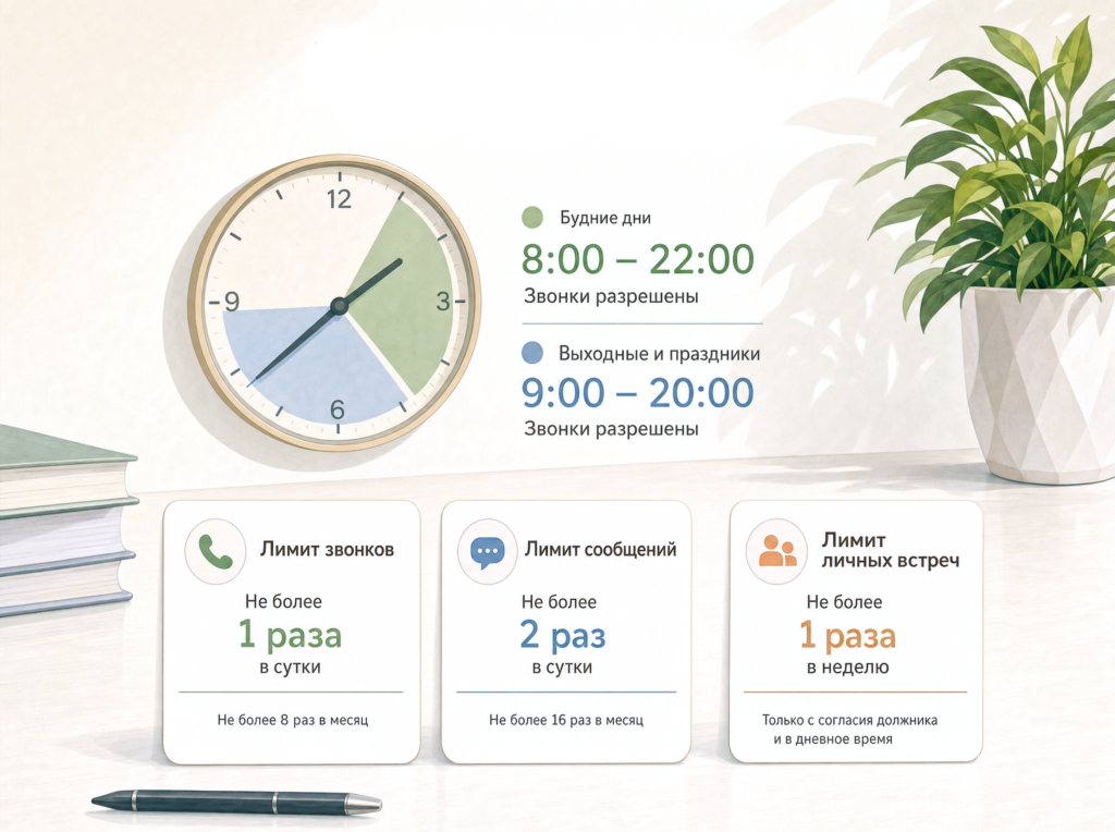 Инфографика «Когда коллекторы могут звонить»: разрешённое время звонков в будние и выходные дни, а также установленные законом лимиты телефонных звонков, сообщений и личных встреч с должником