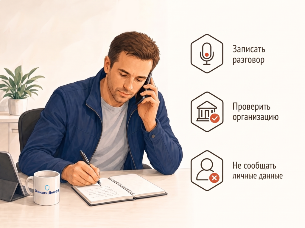 Человек разговаривает с коллектором по телефону и делает заметки в блокноте, рядом размещены рекомендации: записать разговор, проверить организацию и не сообщать личные данные