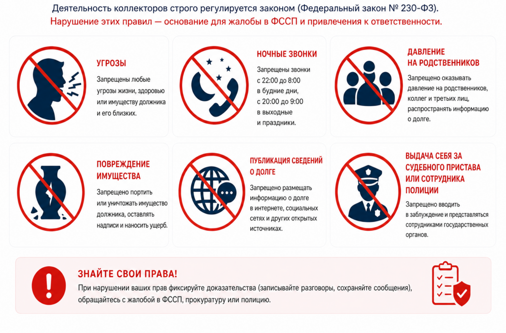 Инфографика «Что запрещено коллекторам»: перечёркнутые красные пиктограммы угроз, ночных звонков, давления на родственников, повреждения имущества, разглашения сведений о долге и выдачи себя за судебного пристава или сотрудника полиции