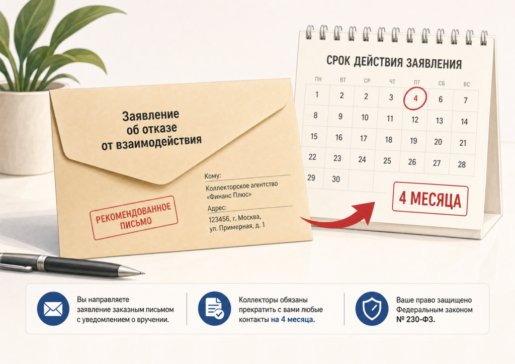 Конверт с заявлением об отказе от взаимодействия с коллекторами, направляемый в коллекторское агентство, и календарь с отметкой «4 месяца»