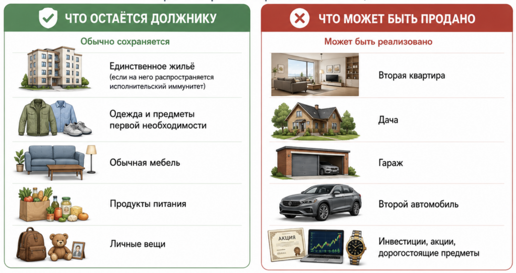 Что остаётся должнику и что может быть продано при банкротстве физического лица: квартира, автомобиль, дача, мебель, одежда и акции